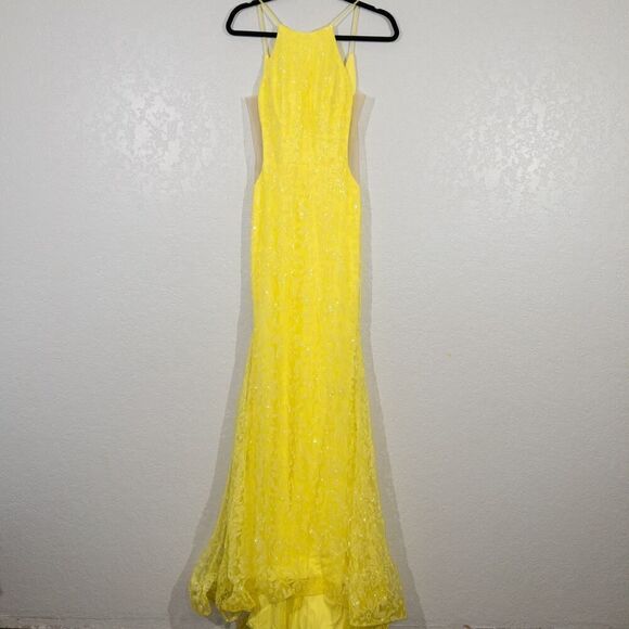 NWT‎ Abby Paris x Lucci Lu Neon Yellow Glitter Tulle Gown Size 2 - Picture 3 of 14